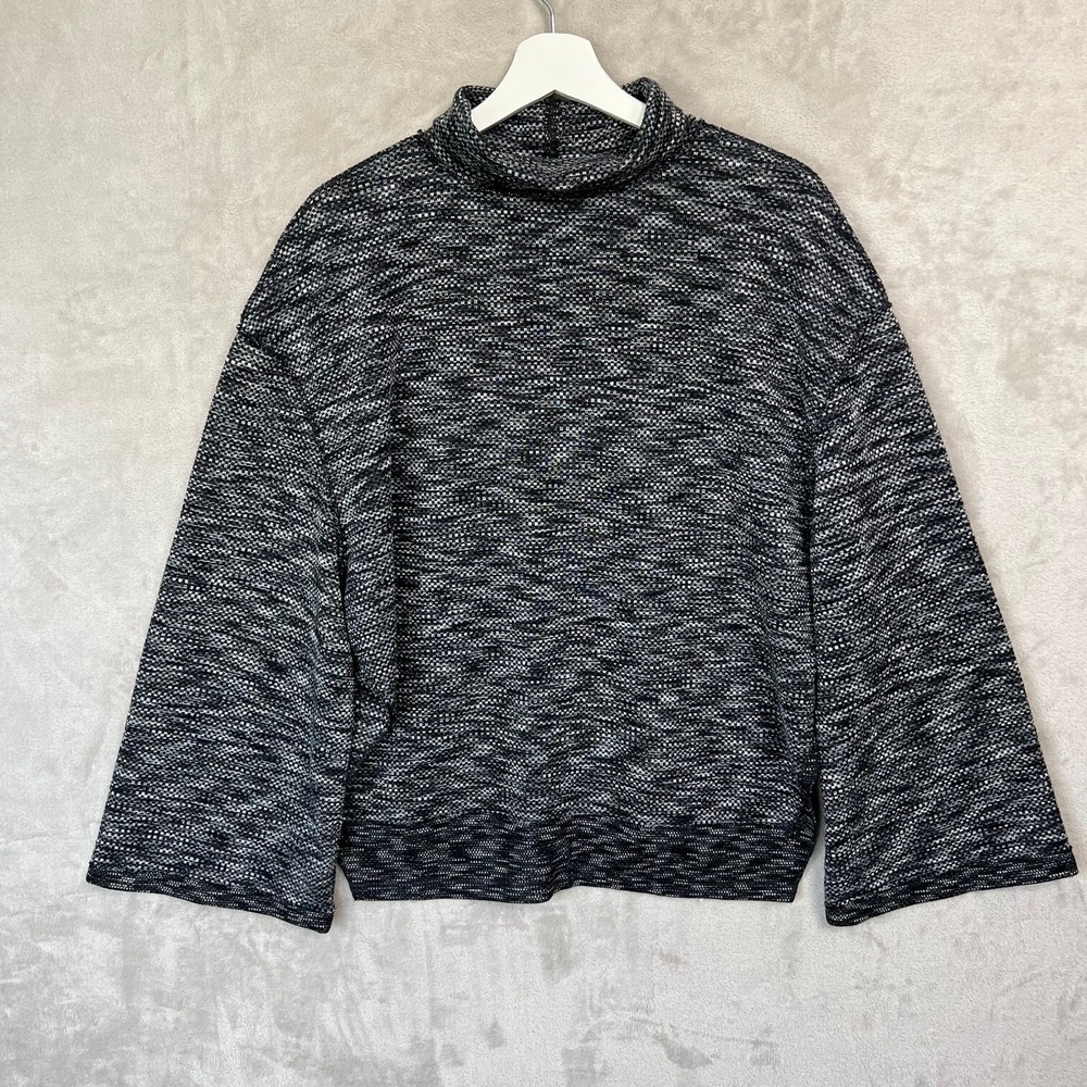 We The Free People Sweater M Black Gray Marled Split Back Turtleneck Bell Sleeve